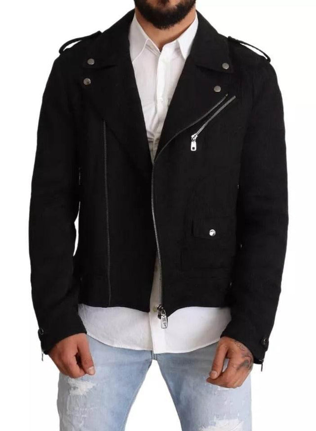 Dolce & Gabbana Black Brocade Full Zip Biker Coat Jacket - Hilstor