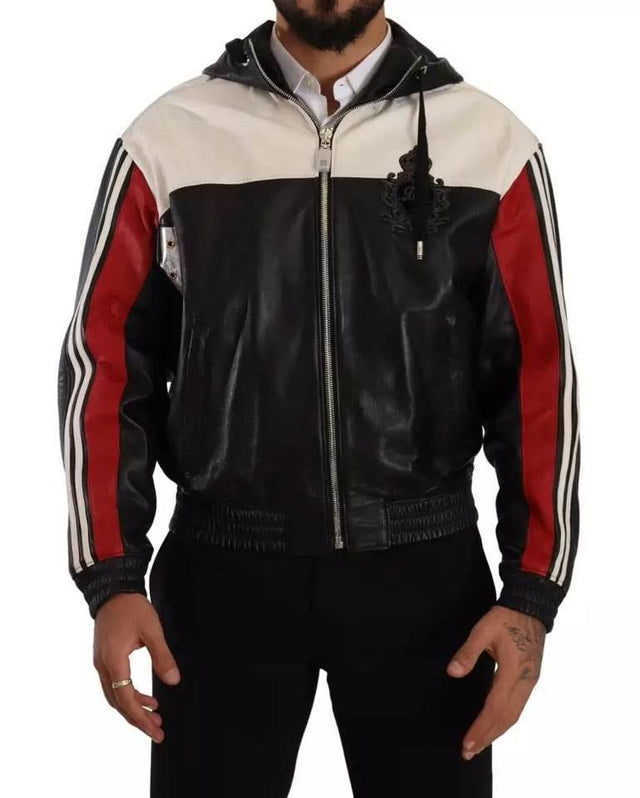 Dolce & Gabbana Black Leather Hooded Blouson Jacket - Hilstor