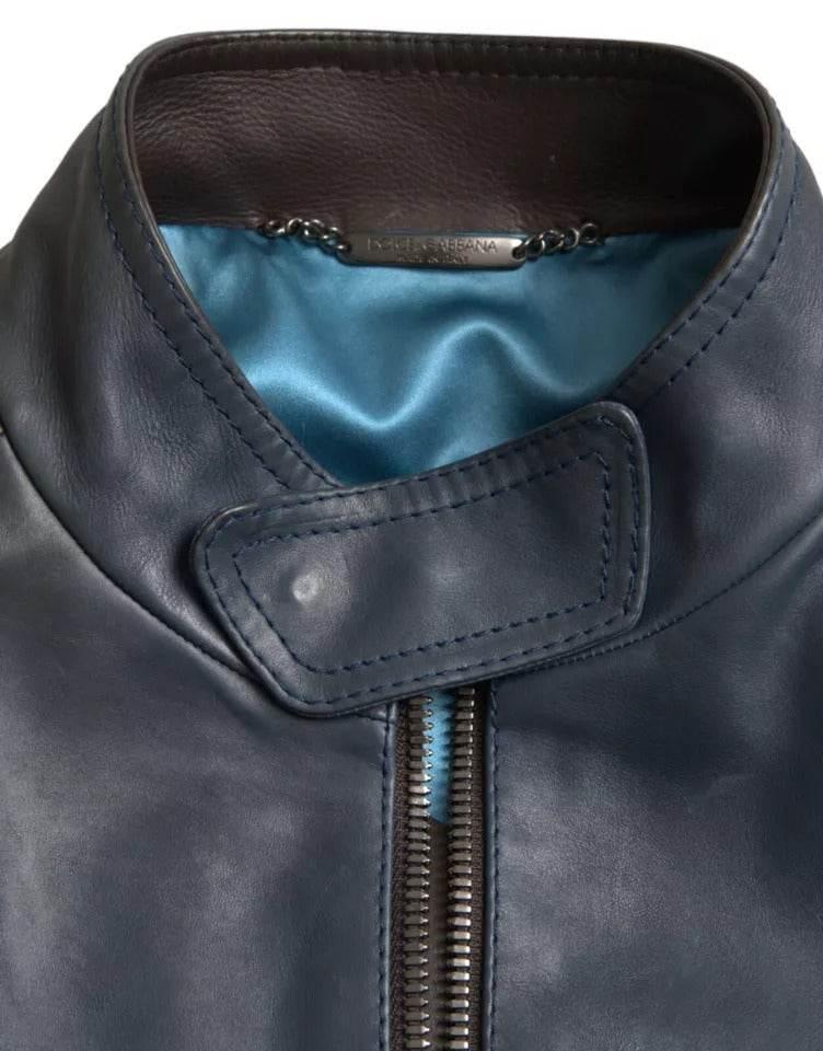 Dolce & Gabbana Blue Leather Full Zip Biker Blouson Jacket - Hilstor