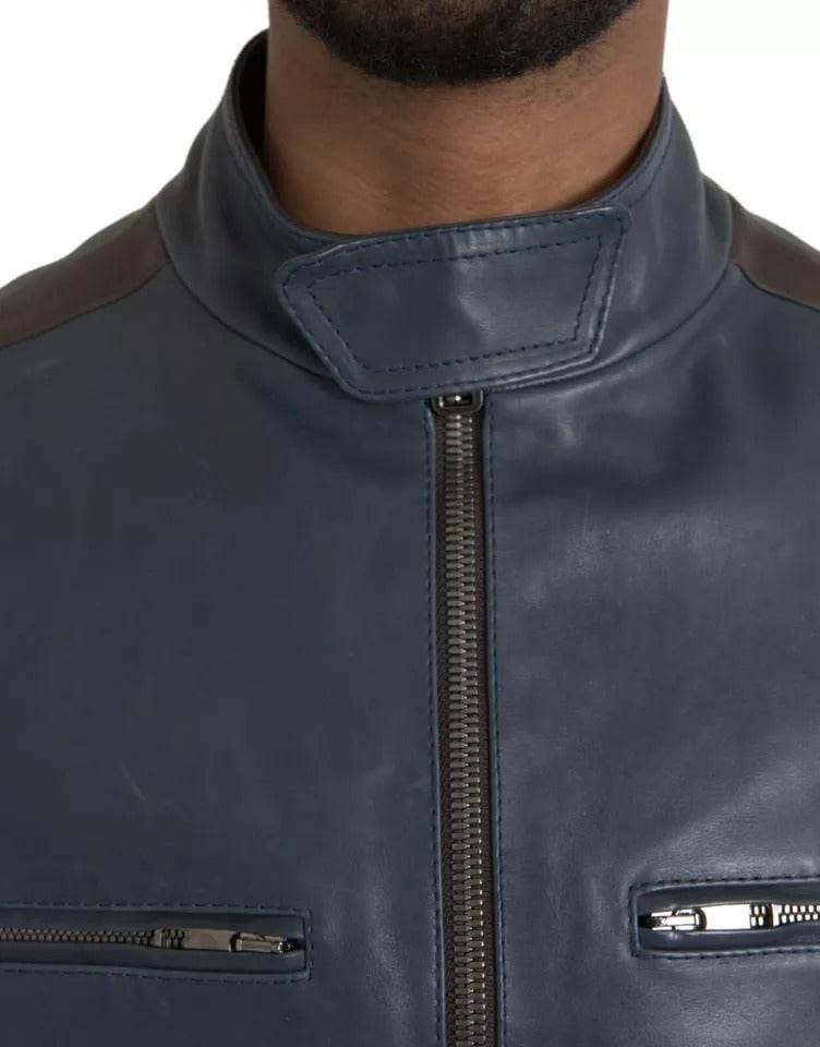 Dolce & Gabbana Blue Leather Full Zip Biker Blouson Jacket - Hilstor