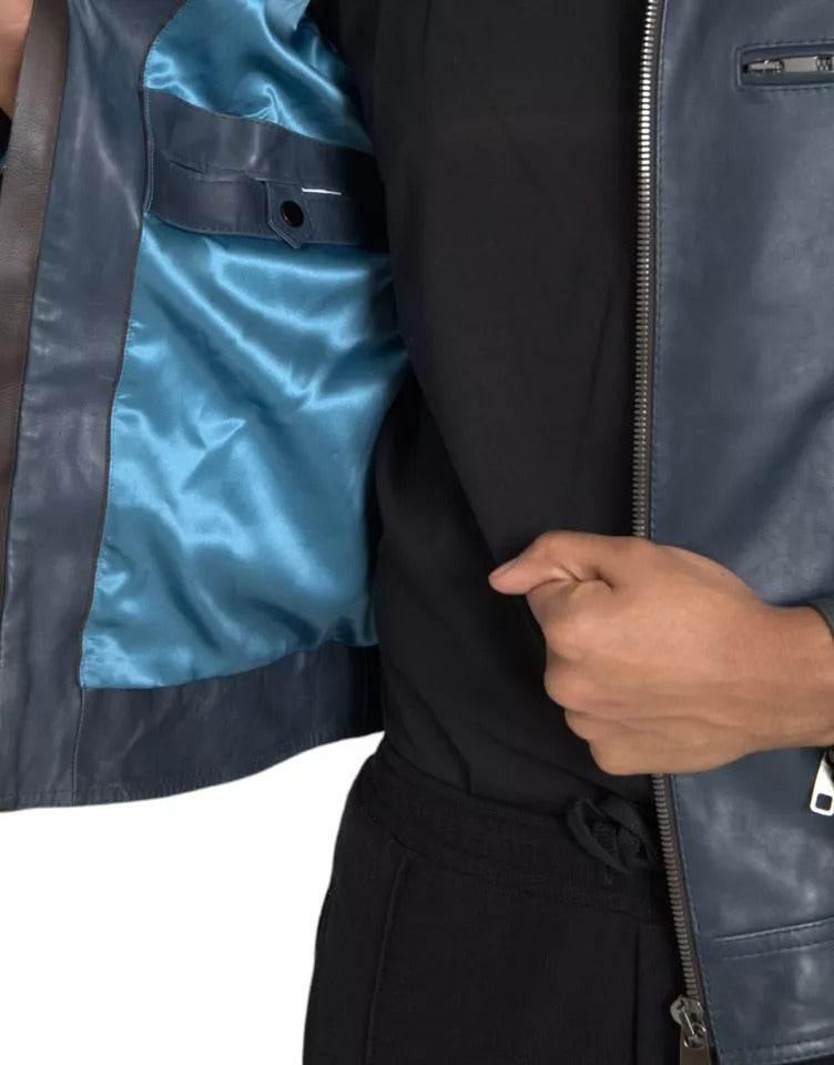 Dolce & Gabbana Blue Leather Full Zip Biker Blouson Jacket - Hilstor