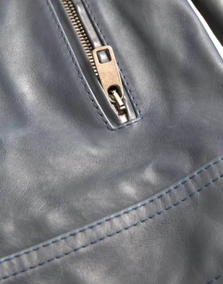 Dolce & Gabbana Blue Leather Full Zip Biker Blouson Jacket - Hilstor
