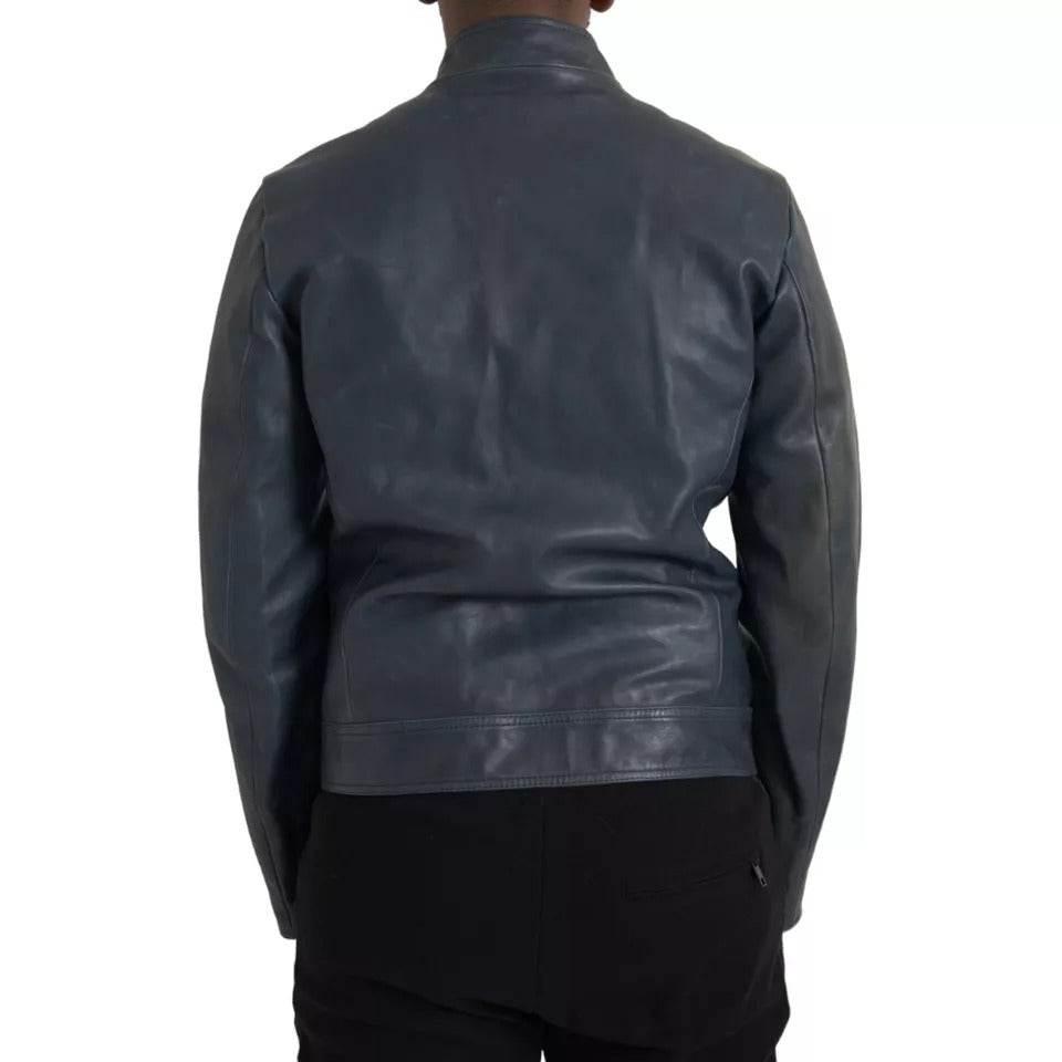 Dolce & Gabbana Blue Leather Full Zip Biker Blouson Jacket - Hilstor