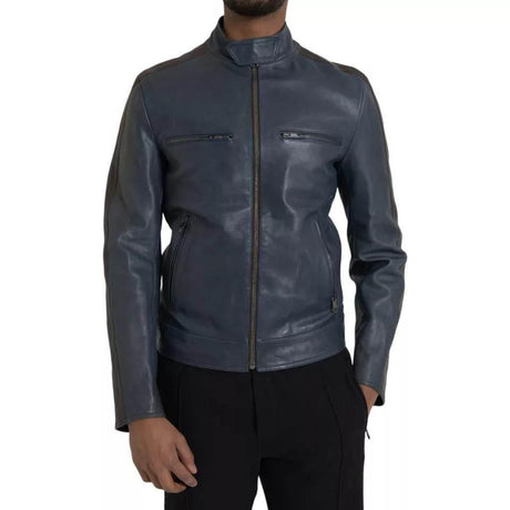 Dolce & Gabbana Blue Leather Full Zip Biker Blouson Jacket - Hilstor
