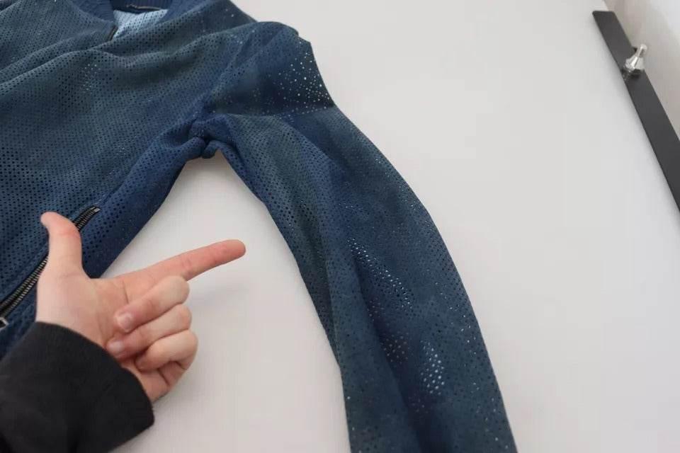 Dolce & Gabbana Blue Leather Perforated Full Zip Jacket - Hilstor