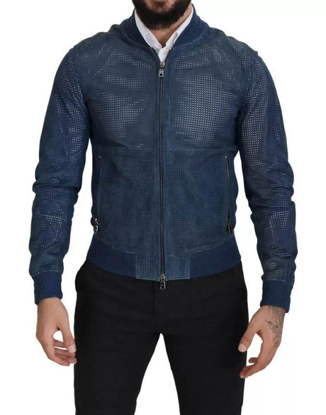 Dolce & Gabbana Blue Leather Perforated Full Zip Jacket - Hilstor