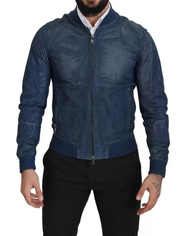 Dolce & Gabbana Blue Leather Perforated Full Zip Jacket - Hilstor