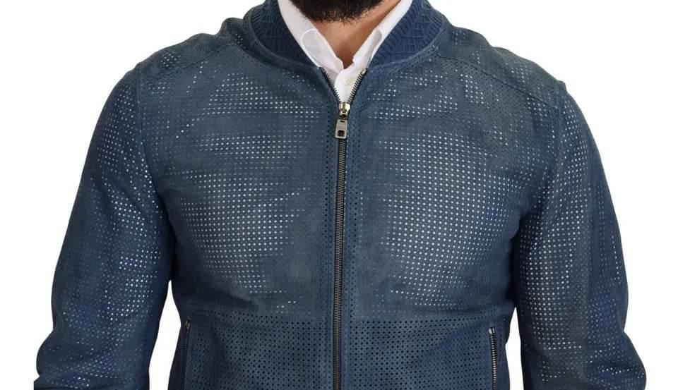 Dolce & Gabbana Blue Leather Perforated Full Zip Jacket - Hilstor