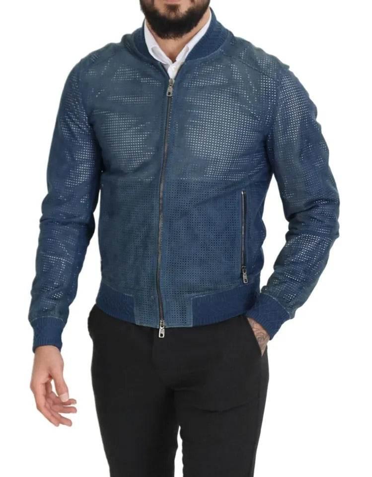 Dolce & Gabbana Blue Leather Perforated Full Zip Jacket - Hilstor