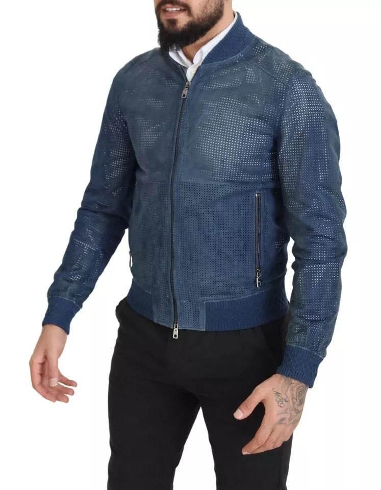 Dolce & Gabbana Blue Leather Perforated Full Zip Jacket - Hilstor