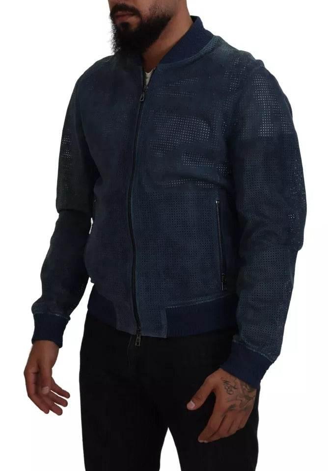 Dolce & Gabbana Blue Leather Perforated Full Zip Jacket - Hilstor