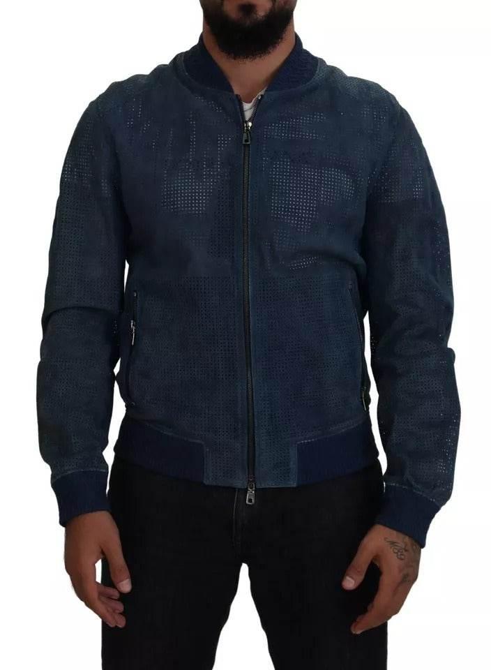 Dolce & Gabbana Blue Leather Perforated Full Zip Jacket - Hilstor