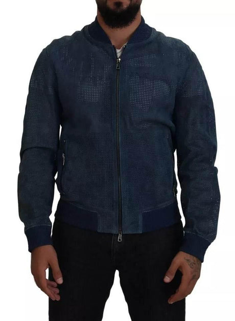 Dolce & Gabbana Blue Leather Perforated Full Zip Jacket - Hilstor