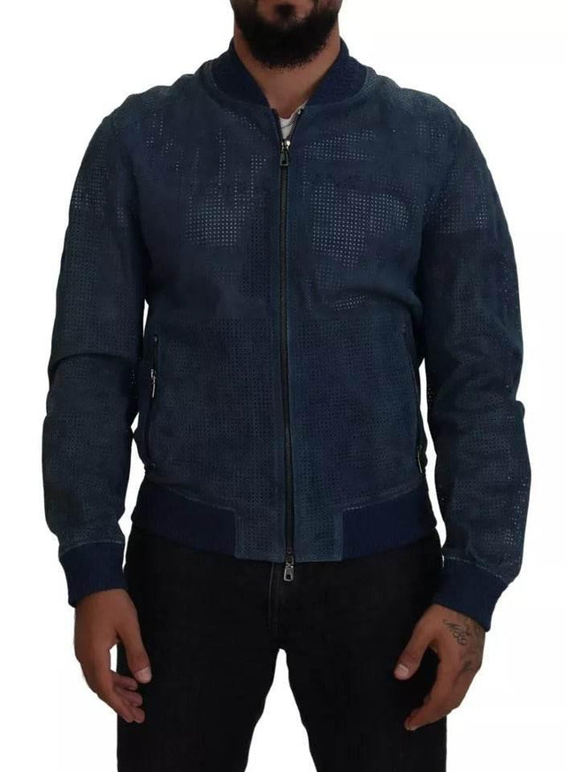 Dolce & Gabbana Blue Leather Perforated Full Zip Jacket - Hilstor