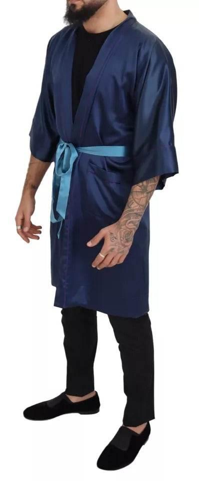 Dolce & Gabbana Blue Satin Silk Waist Belt Robe Jacket - Hilstor