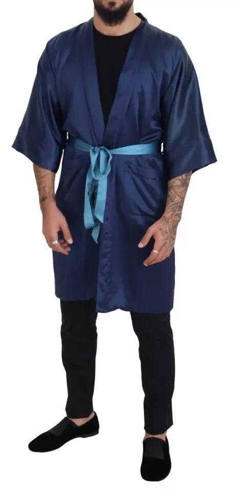 Dolce & Gabbana Blue Satin Silk Waist Belt Robe Jacket - Hilstor