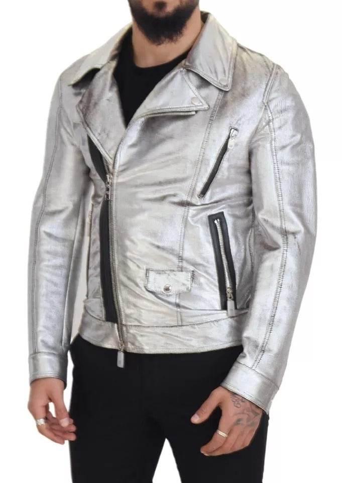 Dolce & Gabbana Silver Leather Biker Coat Lambskin Jacket - Hilstor