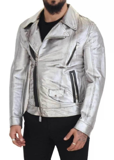 Dolce & Gabbana Silver Leather Biker Coat Lambskin Jacket - Hilstor