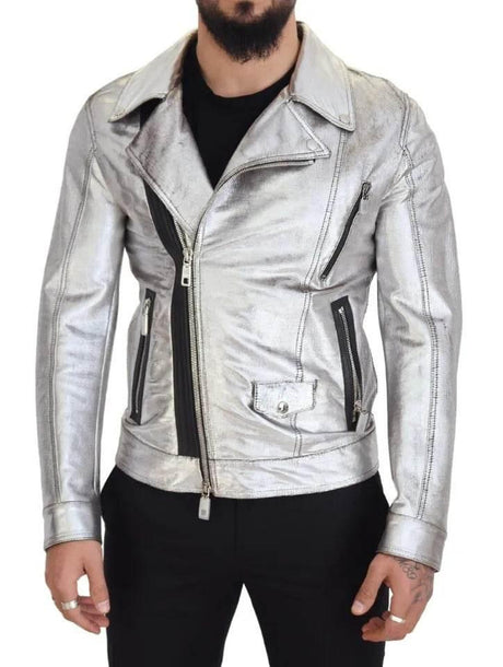 Dolce & Gabbana Silver Leather Biker Coat Lambskin Jacket - Hilstor