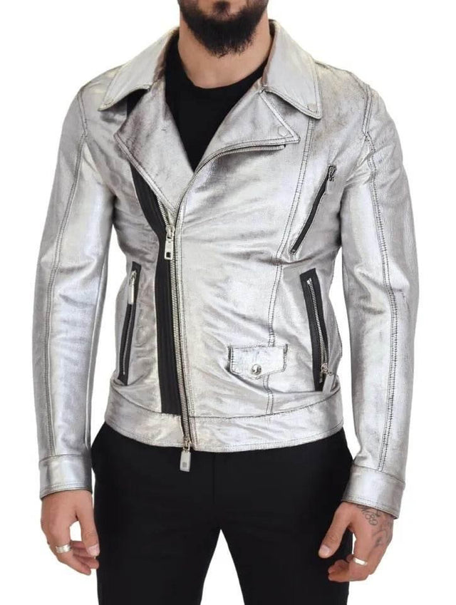 Dolce & Gabbana Silver Leather Biker Coat Lambskin Jacket - Hilstor