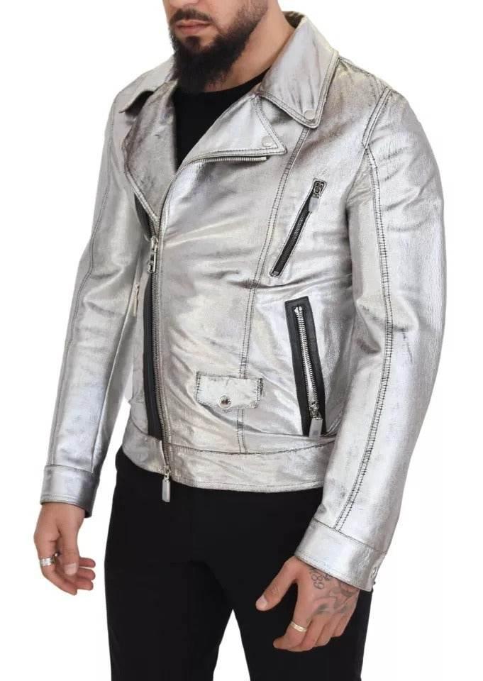 Dolce & Gabbana Silver Leather Biker Coat Lambskin Jacket - Hilstor
