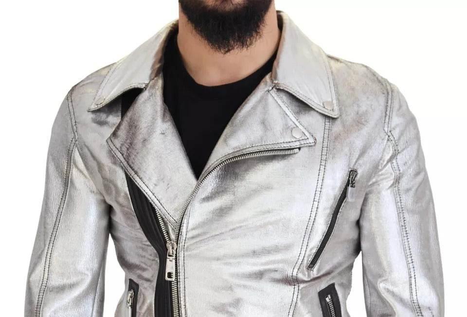 Dolce & Gabbana Silver Leather Biker Coat Lambskin Jacket - Hilstor