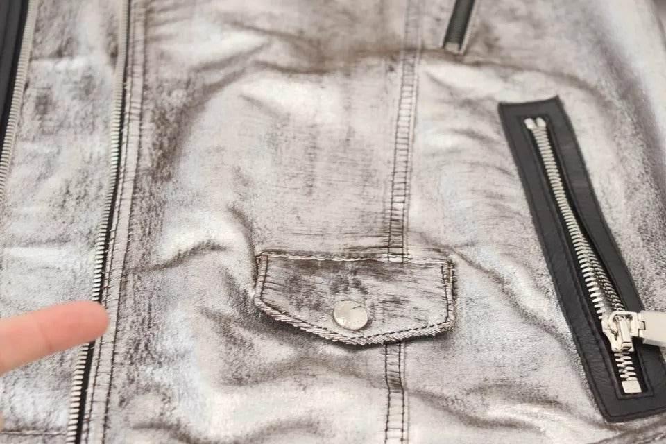 Dolce & Gabbana Silver Leather Biker Coat Lambskin Jacket - Hilstor
