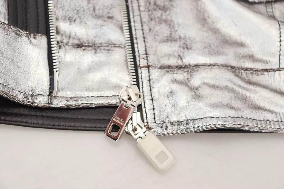 Dolce & Gabbana Silver Leather Biker Coat Lambskin Jacket - Hilstor
