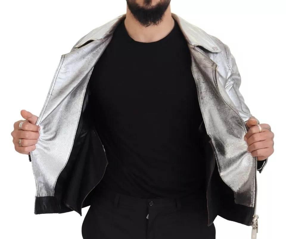 Dolce & Gabbana Silver Leather Biker Coat Lambskin Jacket - Hilstor