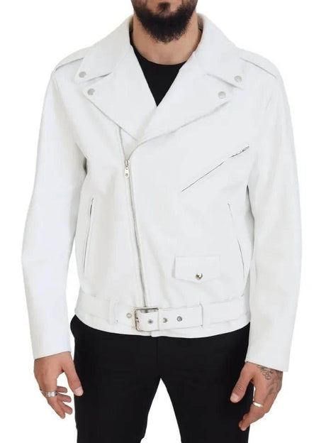 Dolce & Gabbana White Leather Biker Coat Zipper Jacket - Hilstor