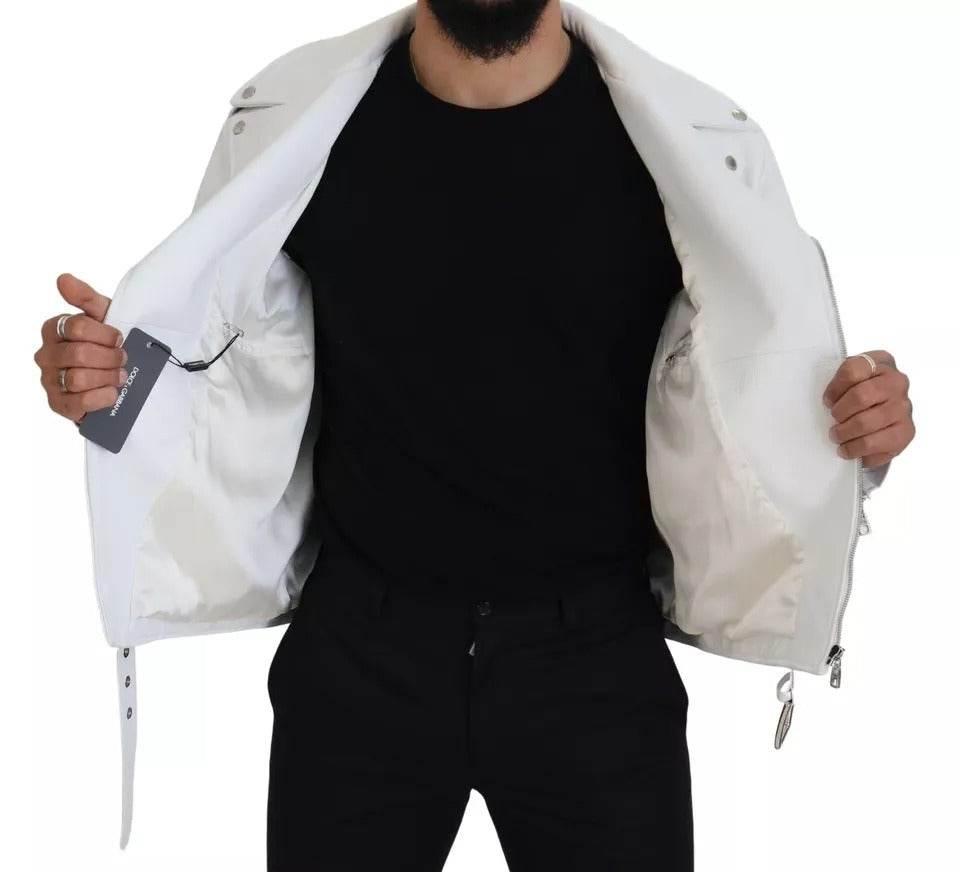 Dolce & Gabbana White Leather Biker Coat Zipper Jacket - Hilstor