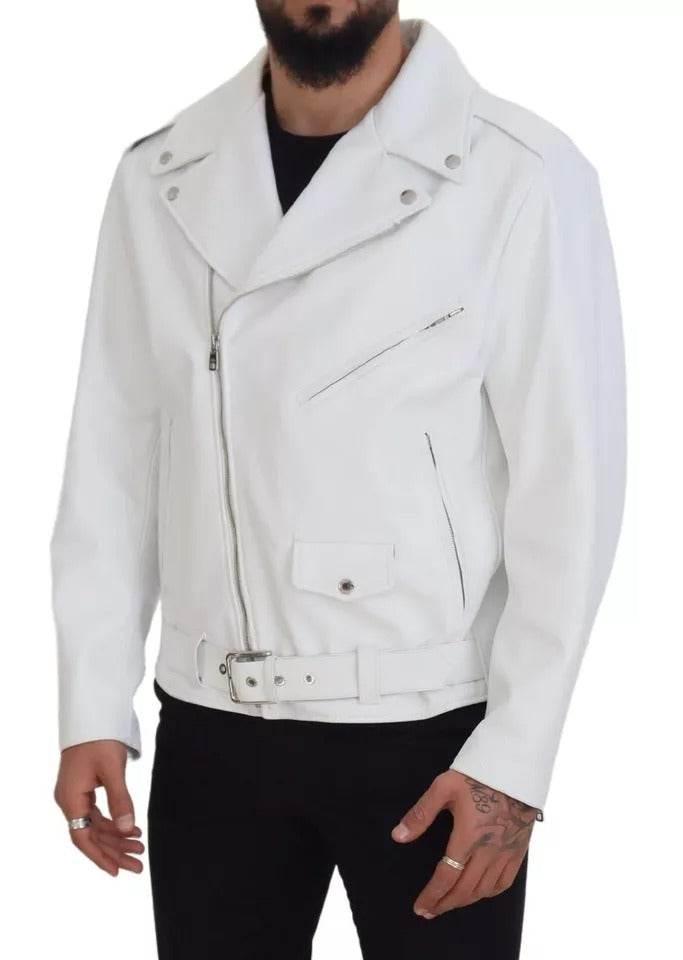 Dolce & Gabbana White Leather Biker Coat Zipper Jacket - Hilstor