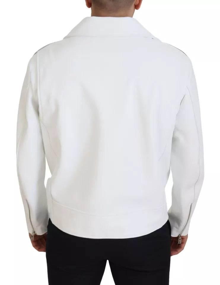 Dolce & Gabbana White Leather Biker Coat Zipper Jacket - Hilstor