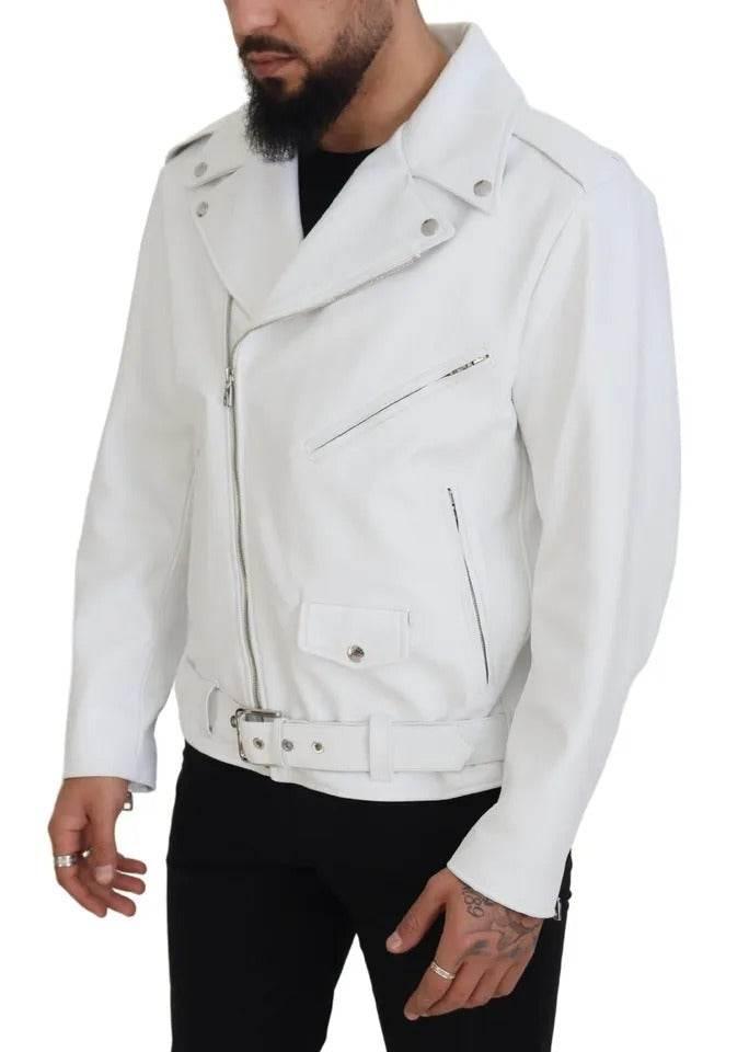 Dolce & Gabbana White Leather Biker Coat Zipper Jacket - Hilstor