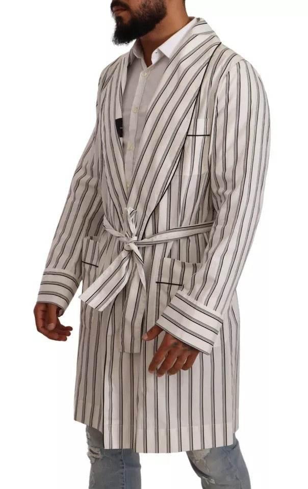 Dolce & Gabbana White Striped Cotton Robe Coat Wrap Jacket - Hilstor