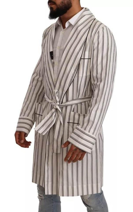 Dolce & Gabbana White Striped Cotton Robe Coat Wrap Jacket - Hilstor