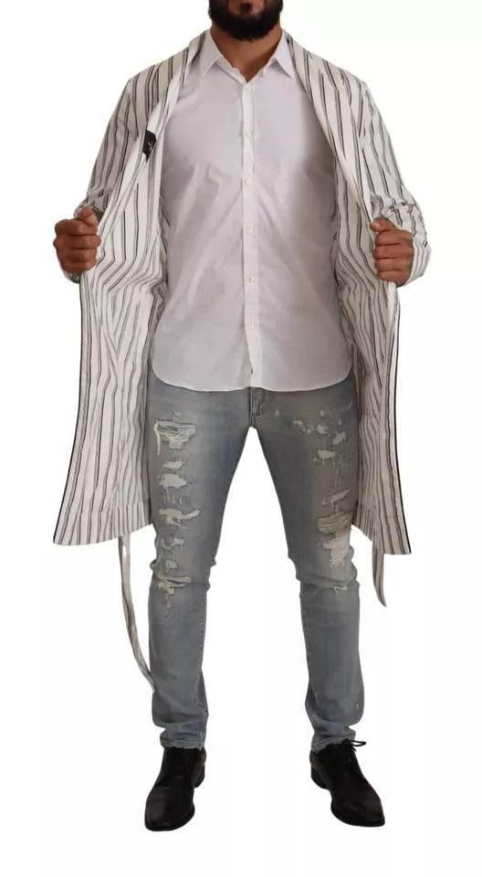 Dolce & Gabbana White Striped Cotton Robe Coat Wrap Jacket - Hilstor