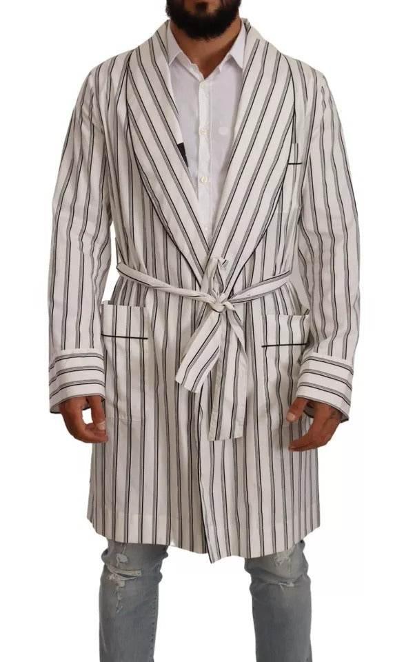 Dolce & Gabbana White Striped Cotton Robe Coat Wrap Jacket - Hilstor