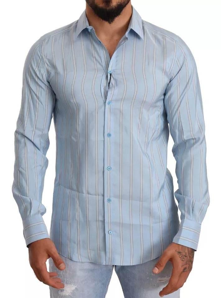 Dolce & Gabbana Blue Striped Silk Formal Dress MARTINI Shirt - Hilstor