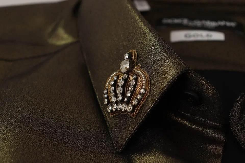 Dolce & Gabbana Metallic Gold DG Embroidered Crown Silk Top Shirt - Hilstor