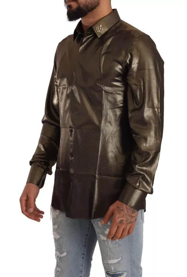 Dolce & Gabbana Metallic Gold DG Embroidered Crown Silk Top Shirt - Hilstor