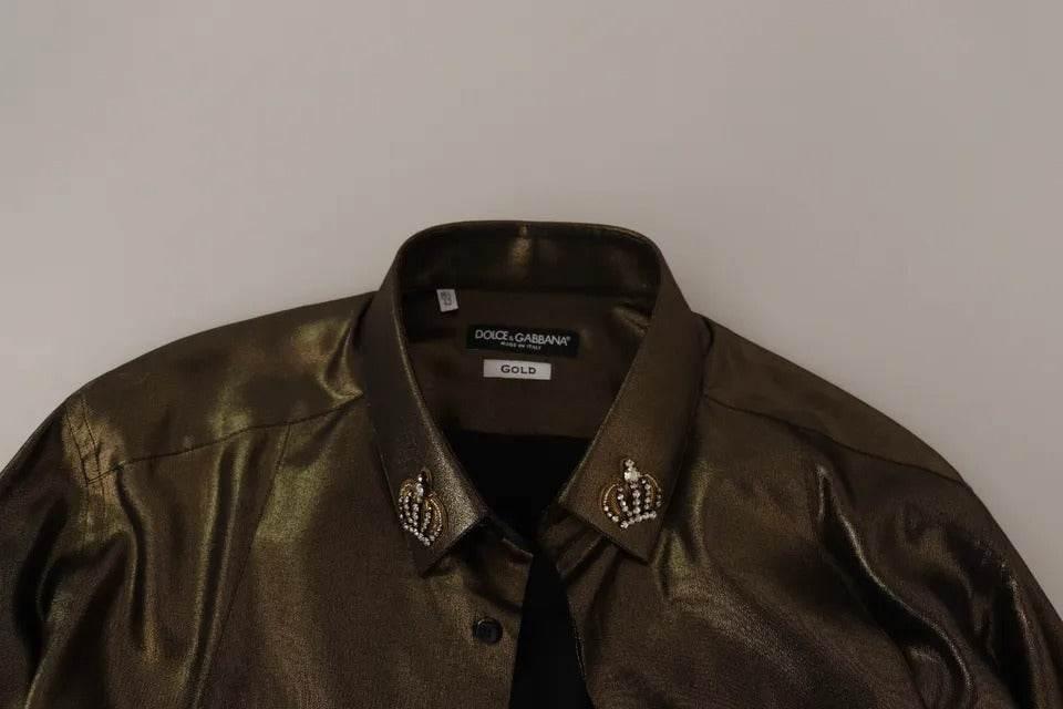 Dolce & Gabbana Metallic Gold DG Embroidered Crown Silk Top Shirt - Hilstor