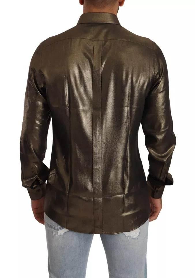 Dolce & Gabbana Metallic Gold DG Embroidered Crown Silk Top Shirt - Hilstor