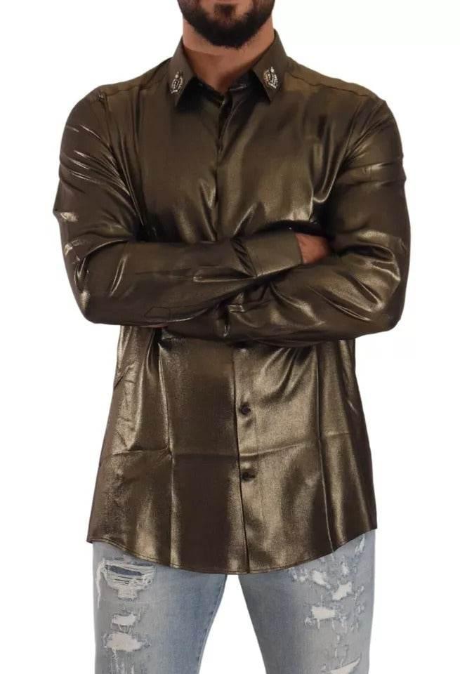 Dolce & Gabbana Metallic Gold DG Embroidered Crown Silk Top Shirt - Hilstor