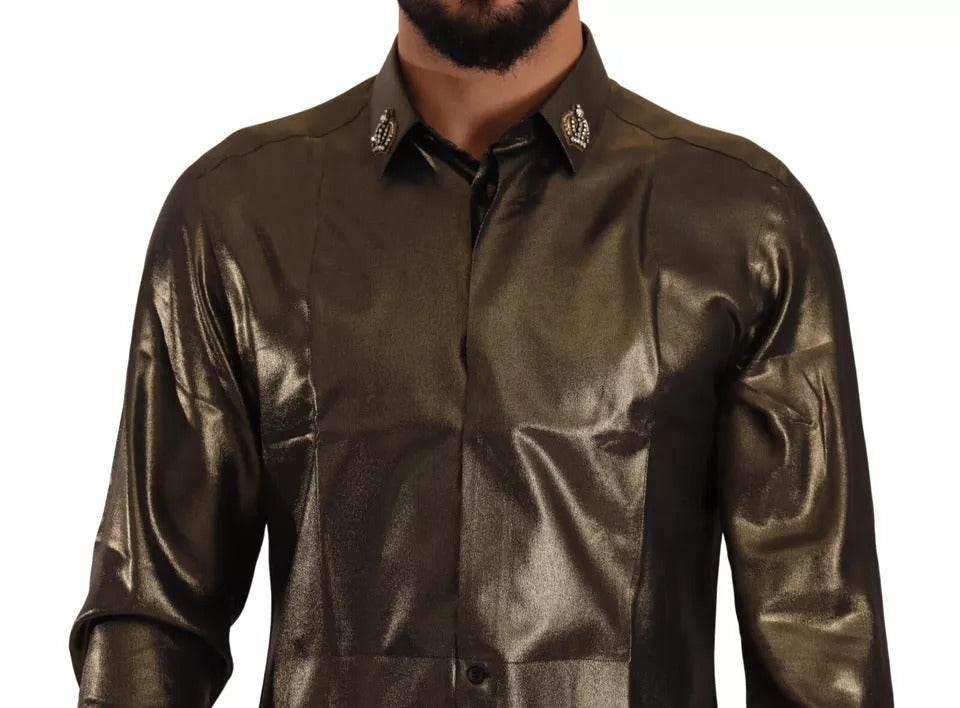Dolce & Gabbana Metallic Gold DG Embroidered Crown Silk Top Shirt - Hilstor