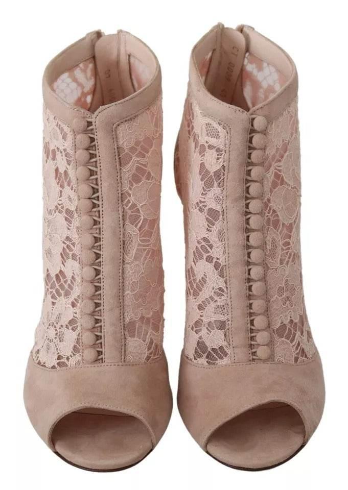 Dolce & Gabbana Beige Lace Suede Peep Toe Ankle Boots Shoes - Hilstor
