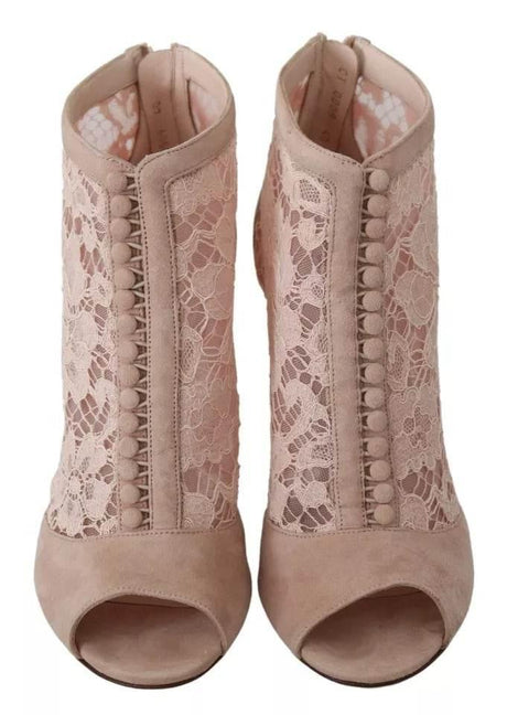Dolce & Gabbana Beige Lace Suede Peep Toe Ankle Boots Shoes - Hilstor