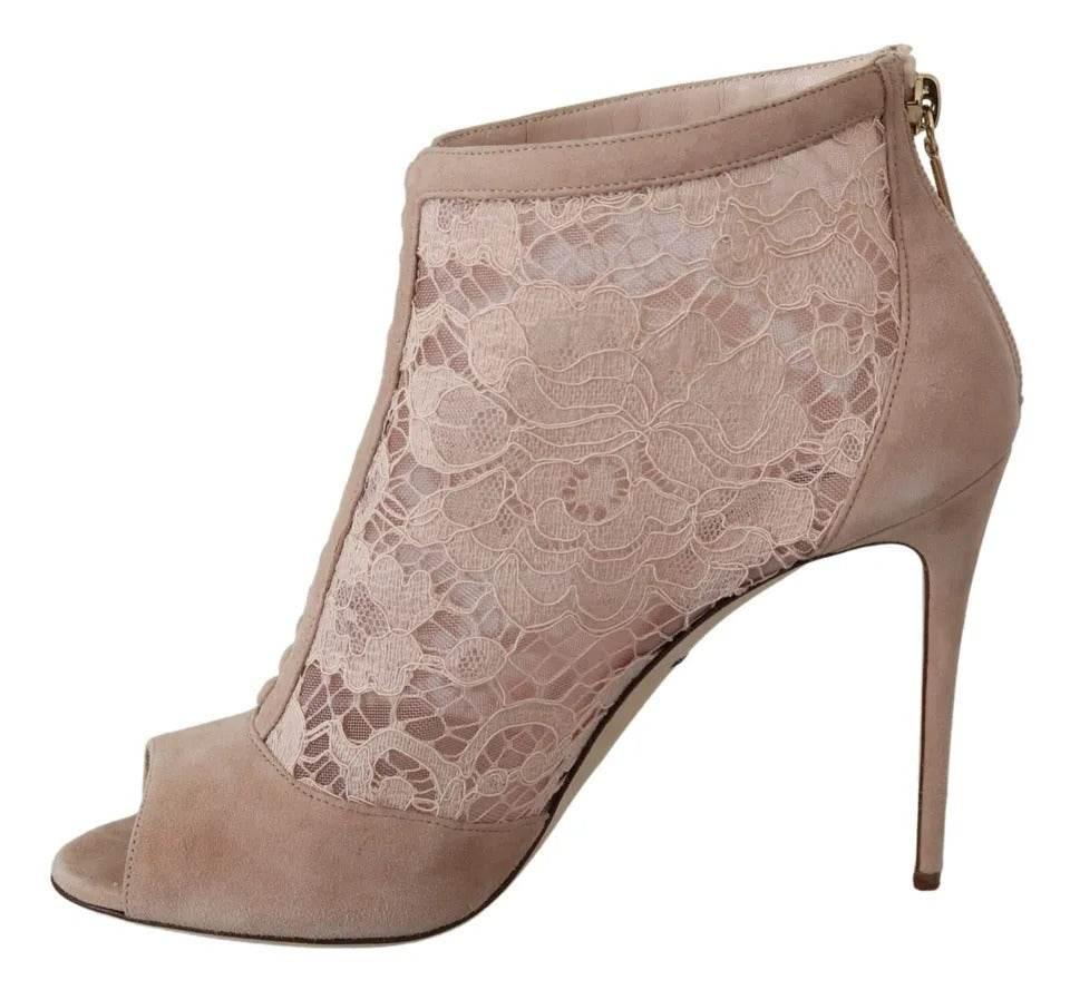 Dolce & Gabbana Beige Lace Suede Peep Toe Ankle Boots Shoes - Hilstor