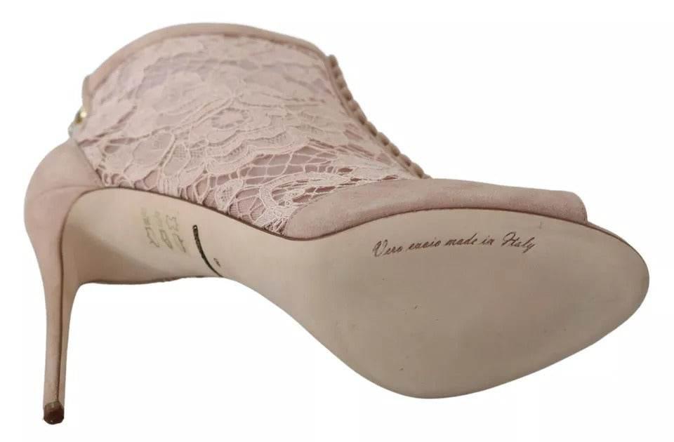 Dolce & Gabbana Beige Lace Suede Peep Toe Ankle Boots Shoes - Hilstor