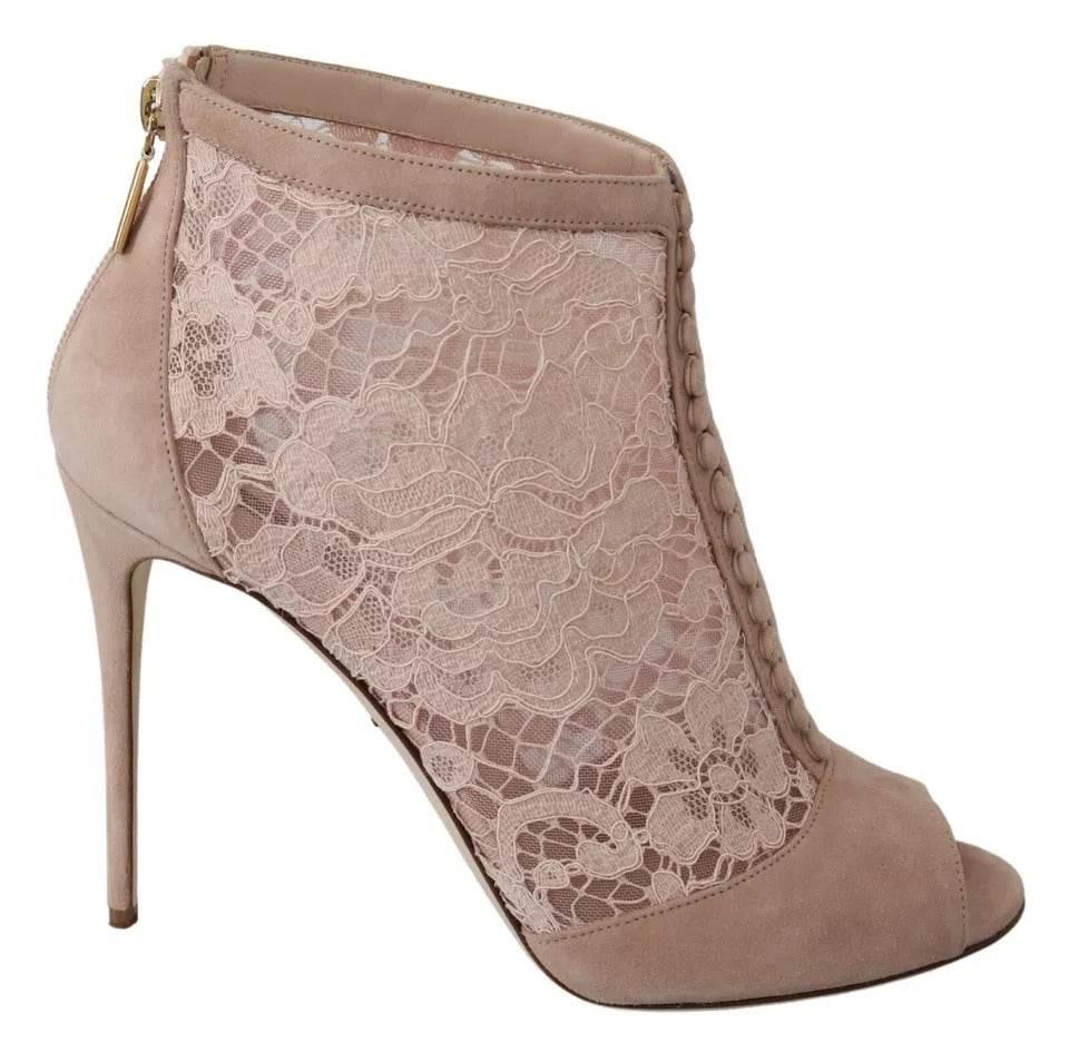 Dolce & Gabbana Beige Lace Suede Peep Toe Ankle Boots Shoes - Hilstor